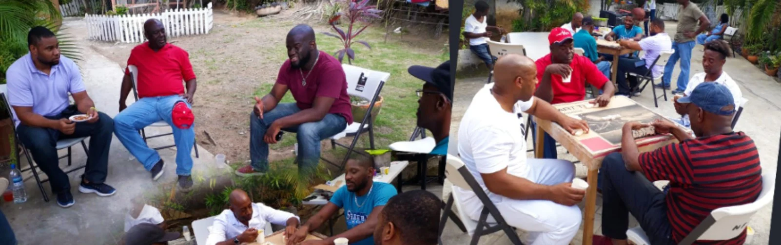 NFCM men gathered outdoors talking and playing dominoes